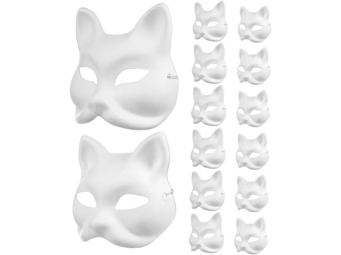 Conjunto De 16 Máscaras Kabuki Para Pintar, Feitas De Polpa De Papel, Representando Meio Rosto, Gato E Raposa, Máscaras Em Branco.
