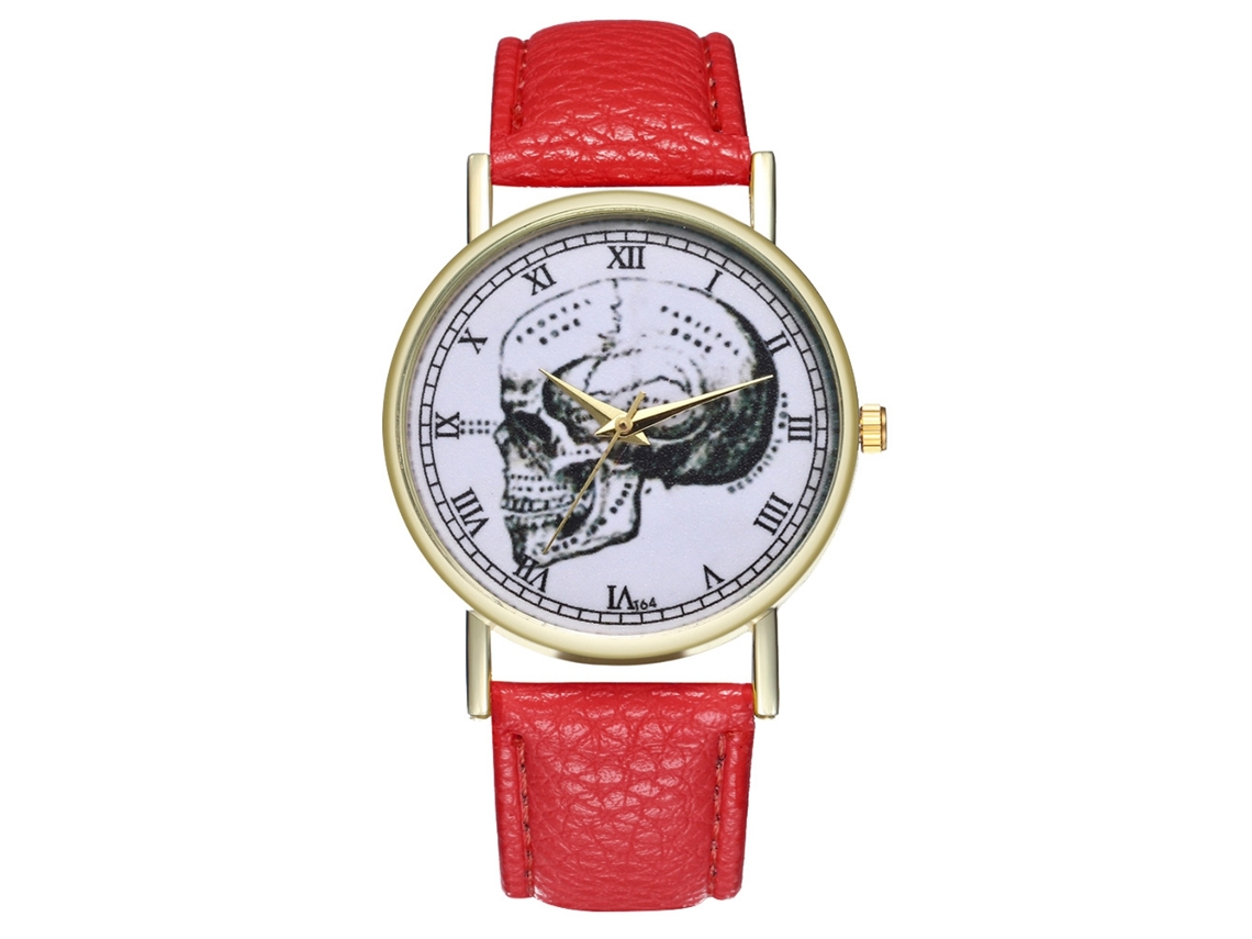 Relógio de quartzo unissex com pulseira de couro PU, estampa de caveira, numerais romanos, vermelho.