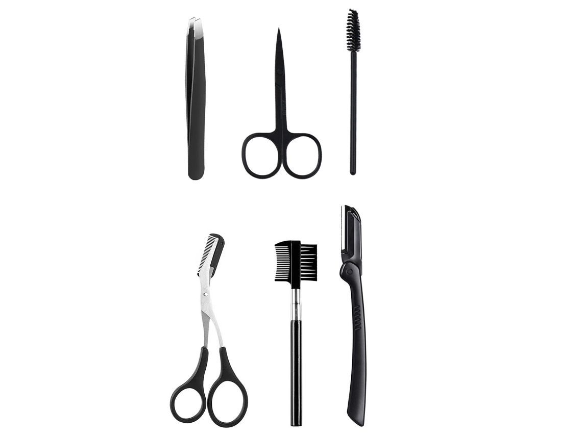 Kit de Sobrancelhas 6 em 1 Inclui Lâminas Escova Tesouras e Pinças RNEMITERY
