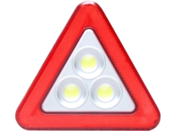 Triângulo de sinalização portátil com LED vermelho em plástico, design triangular.