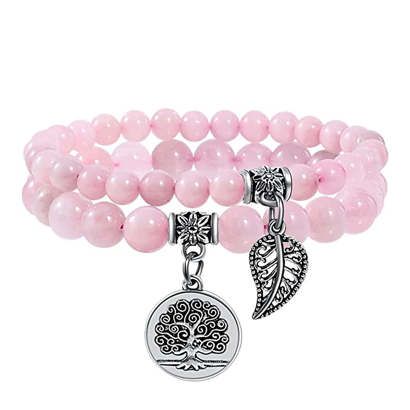 Pulseira Árvore da Vida Pulseira de Contas de Pedra Natural MDUG (cristal Rosa)