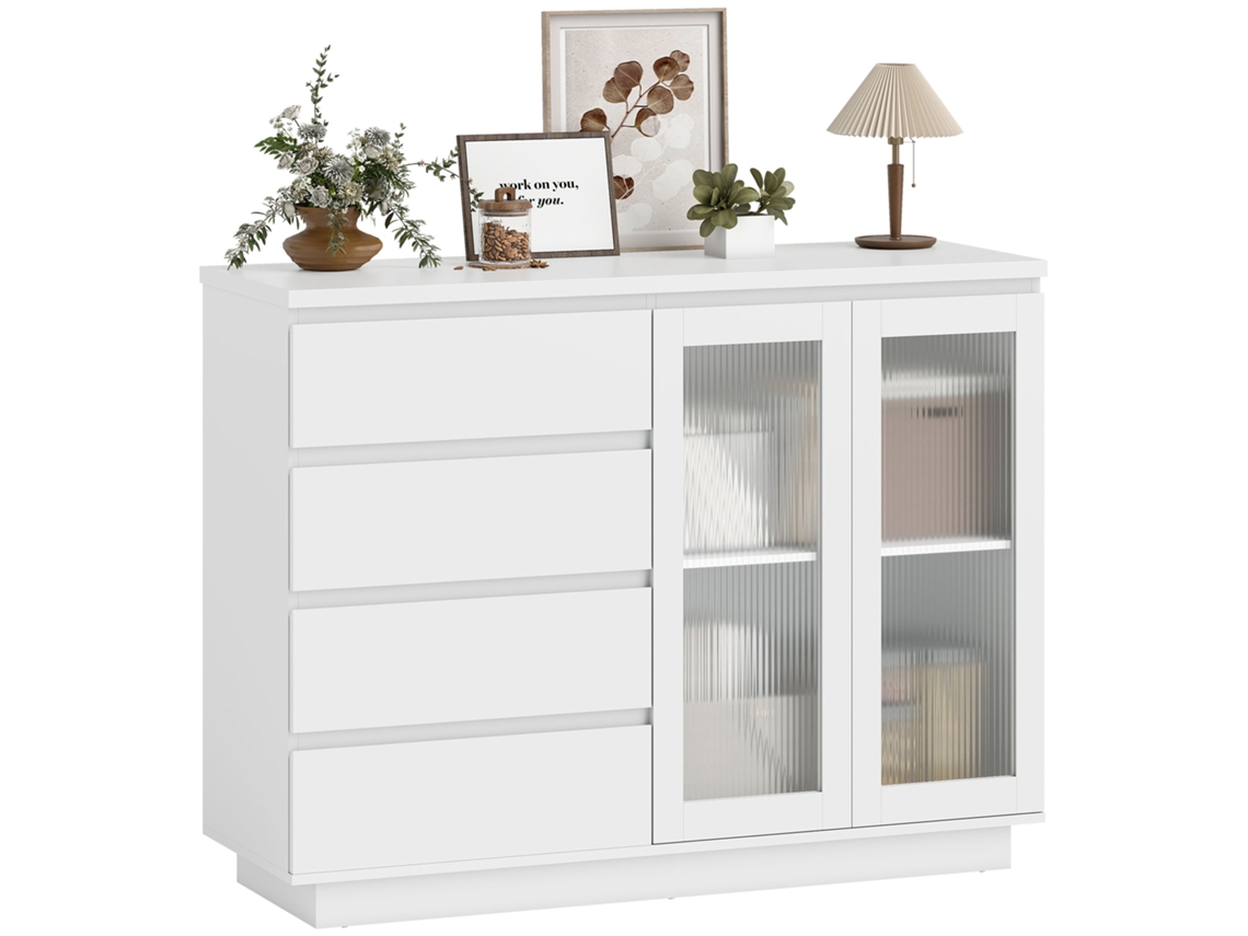 Buffet Moderno Mdf, Aparador Com 4 Gavetas E 2 Portas De Vidro, Acabamento Branco