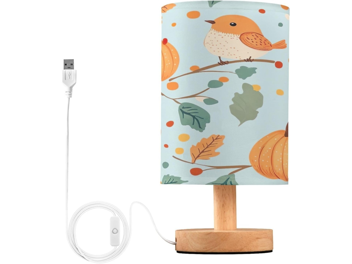 Luminária De Mesa Skyshu Autumn Pumpkin Pequena Led Usb Com Base Madeira Antiderrapante E Cúpula Que Não Agride Os Olhos