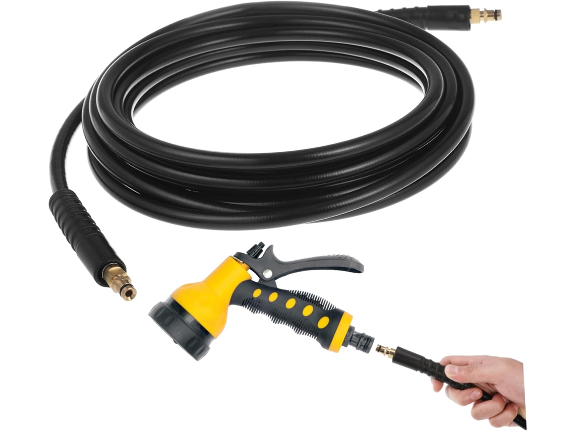 Mangueira de 6 metros para extensão de lavadora de alta pressão, ideal para limpeza de carros e pisos.