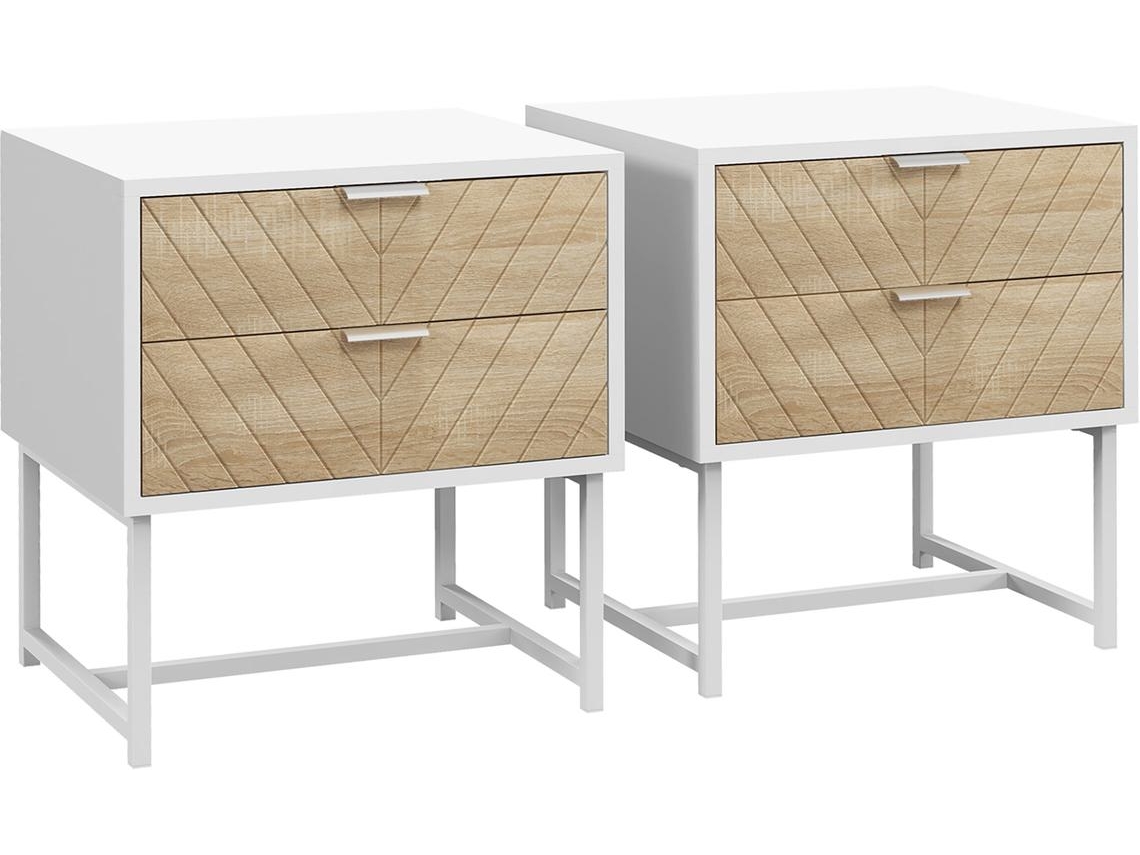 Conjunto de 2 Mesas de Cabeceira Melamina de Madeira e Aço Cor Branco e Madeira 45x39x48 cm Homcom