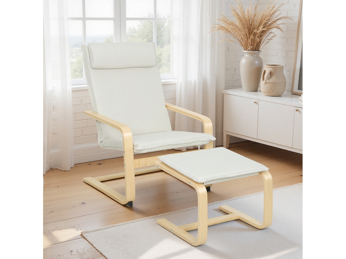 Poltrona com Apoio para os Pés, Cadeira de Leitura com Encosto Alto, Apoio de Cabeça Removível, Pés em Madeira e Estofamento em Linho Creme.