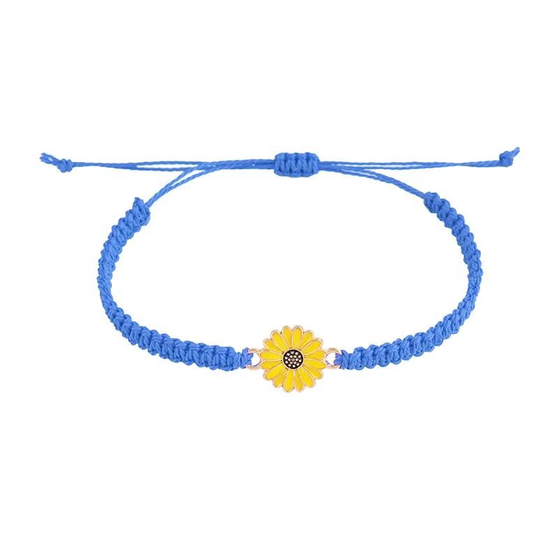Pulseira Da Sorte Moderna Com Girassóis E Margaridas (azul Royal), Feita À Mão Com Fio Encerado.