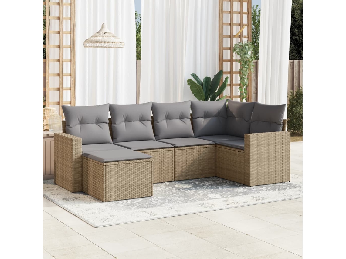 Vidaxl 6 Pcs Conjunto De Sofás P/ Jardim Com Almofadões Vime Pe Bege