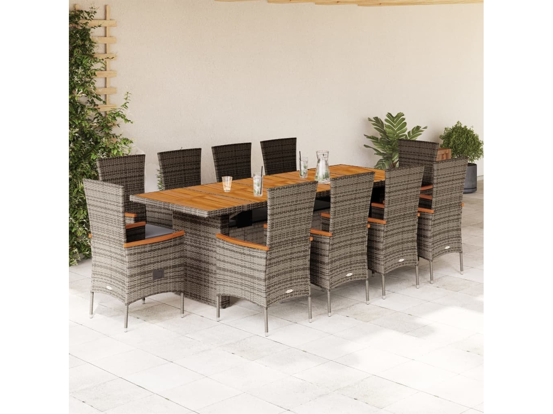 11 Pcs Conjunto Jantar P/ Jardim C/ Almofadões Vime Pe Cinza Dkd Home Decor
