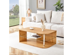 Mesa De Centro Moderna Com 100x60x42cm, Tampo De Madeira Natural E Prateleira De Vidro, Ideal Para Home Office E Espaços Pequenos.