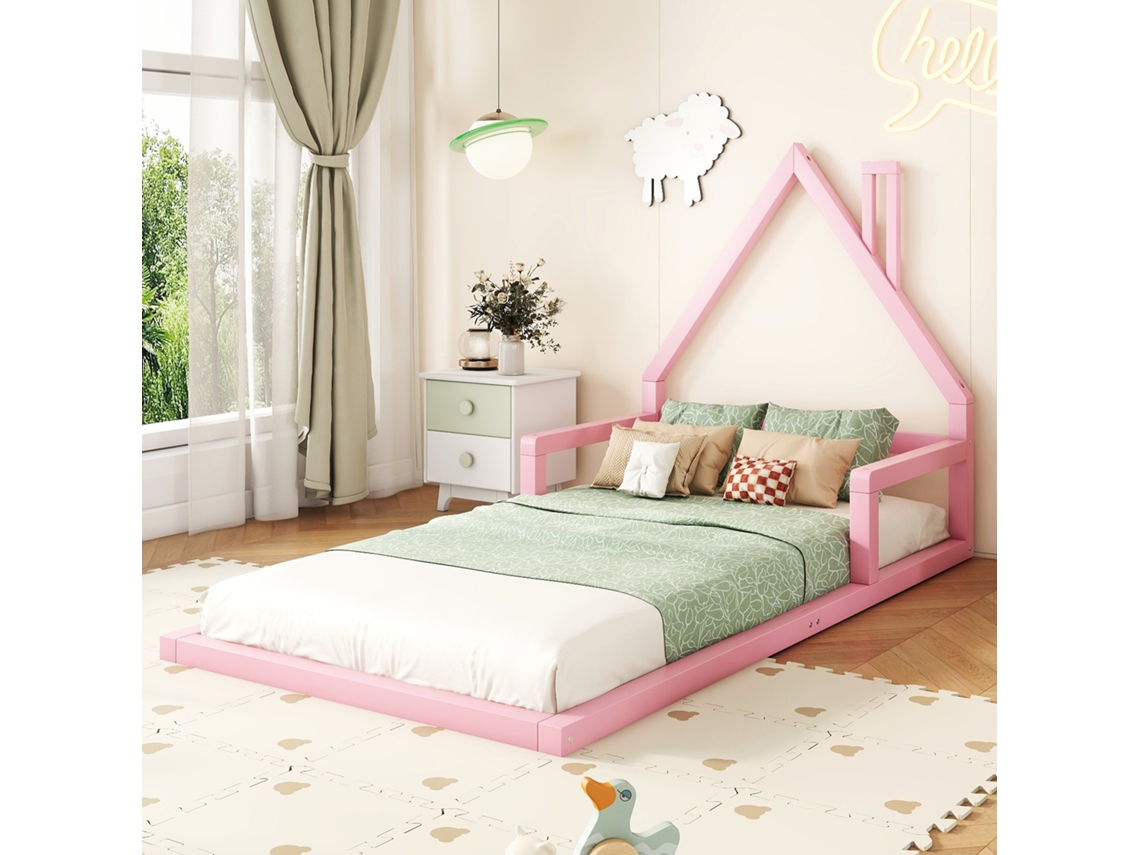 Cama Cabana Infantil 90x200 Cm Madeira, Estrado Ripas, Design Casa, Estilo Moderno, Rosa KOMHTOM