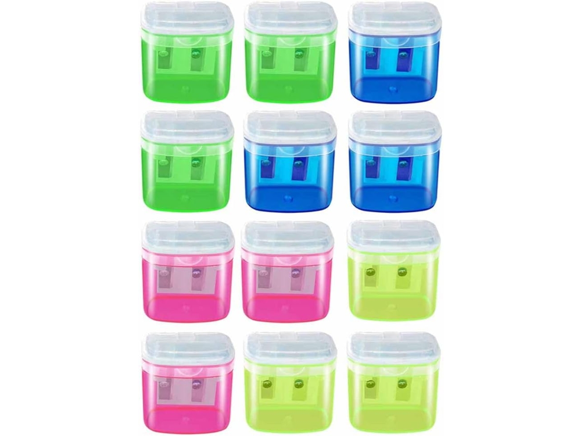 Conjunto de 12 porta-lápis manuais com dois furos e tampas.