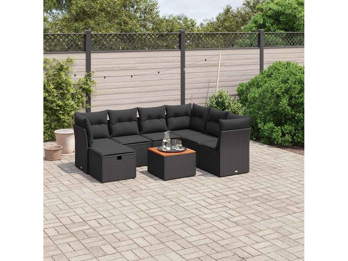 Vidaxl 8 Pcs Conjunto Sofás De Jardim Com Almofadões Vime Pe Preto