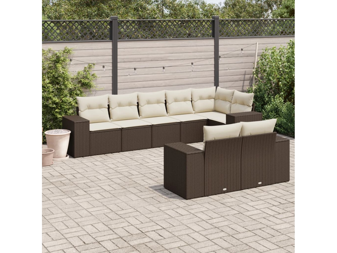 Vidaxl 8 Pcs Conjunto Sofás De Jardim C/ Almofadões Vime Pe Castanho