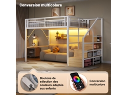 Cama Alta Metal 140x200 Cm Com Led, Escada Com Arrumação, Espaço Inferior Livre, Closet E Acabamento Branco (sem Colchão)