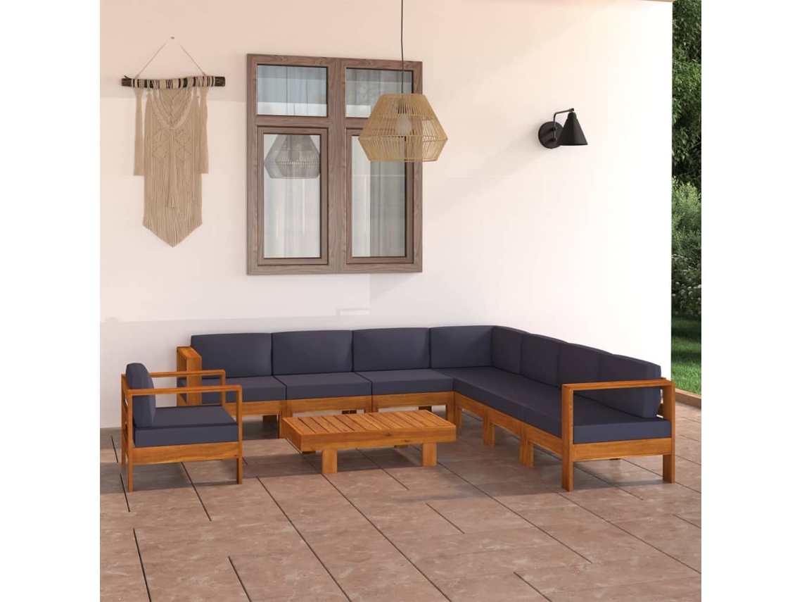 Vidaxl 9 Pcs Conj. Lounge De Jardim C/ Almofadões Cinza-escuro Acácia