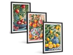 Galeria De Pinturas Murais Composições De Frutas, Romãs Moldura Preta Quadros Para O Escritório Espelharte (3 Piezas De 40x60 Cm)