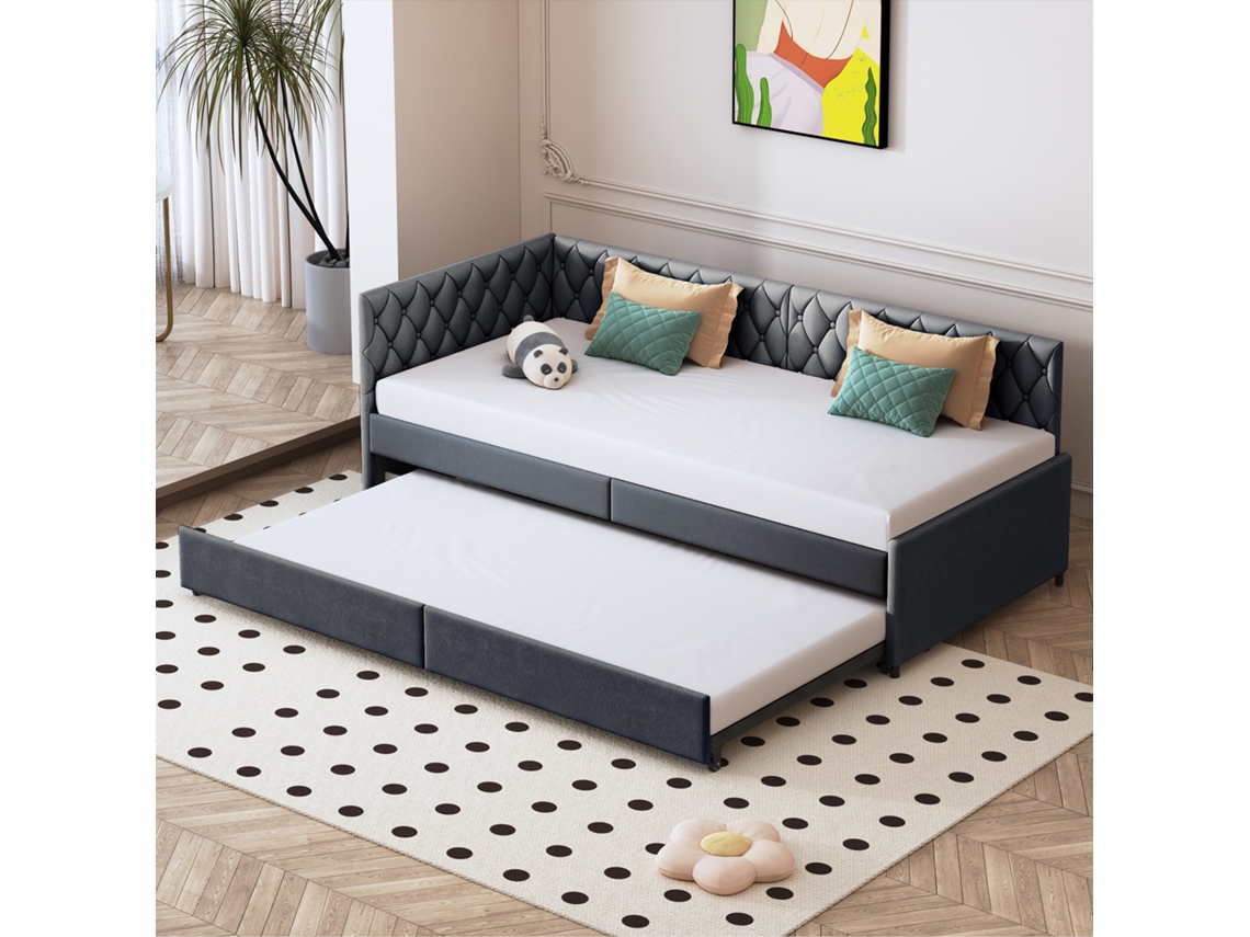 Sofá-cama De 2 Lugares 90x200 Cm, Estofado E Convertível Com Base Ripada, Para Sala De Estar, Cinzento
