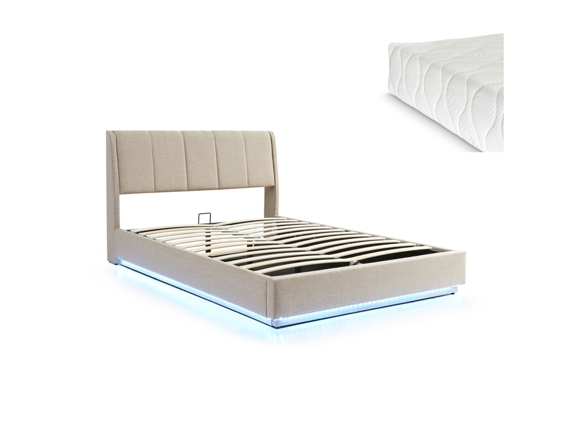 Cama Estofada Tröstiar Led Com Base De Ripas Dobrável Colchão 140x200cm Bege [EN.CASA]