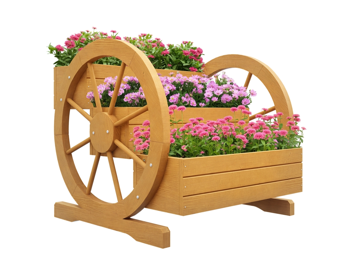 Cama Elevada, 3 Níveis, Decoração de Rodas de Carroça, Madeira, 62 X 61 X 57 Cm Natural