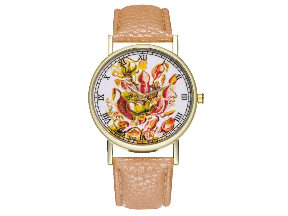 Reloj De Pulsera Unisex De Cuarzo Con Correa Pu Y Dial Redondo De Patrón Vegetal (beige)