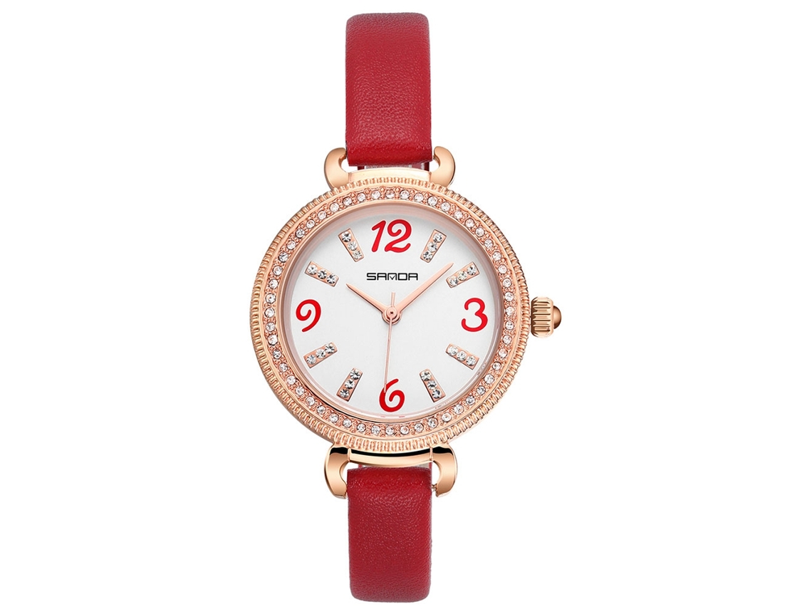 Relógio Feminino de Quartzo de Couro Pu Resistente À Água com Cristais Strass (vermelho)