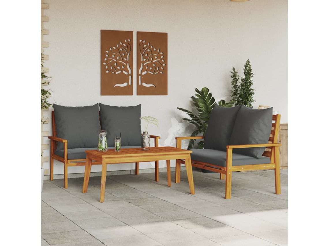 Vidaxl 3 Pcs Conjunto Lounge De Jardim C/ Almofadões Acácia Maciça