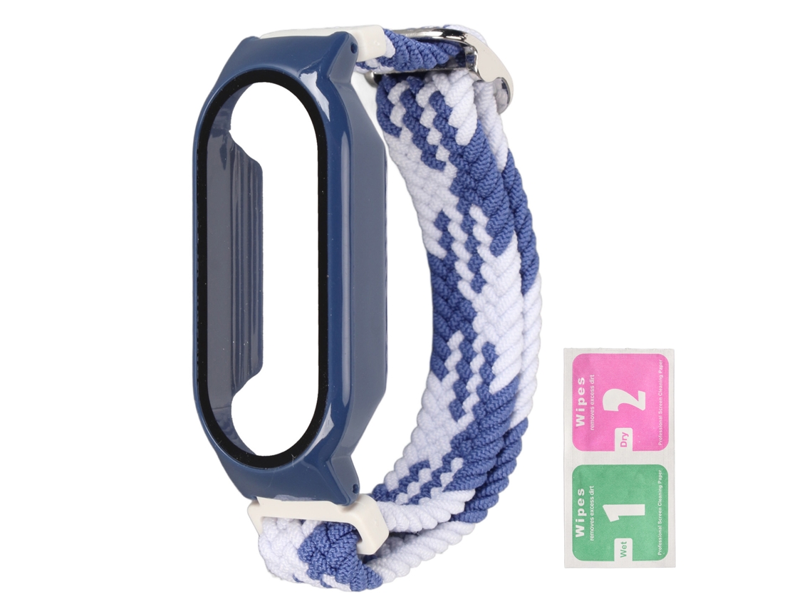 Pulseira de Náilon Trançada com Capa Protetora e Protetor de Tela para Mi Band 7 Azul Branco e Azul