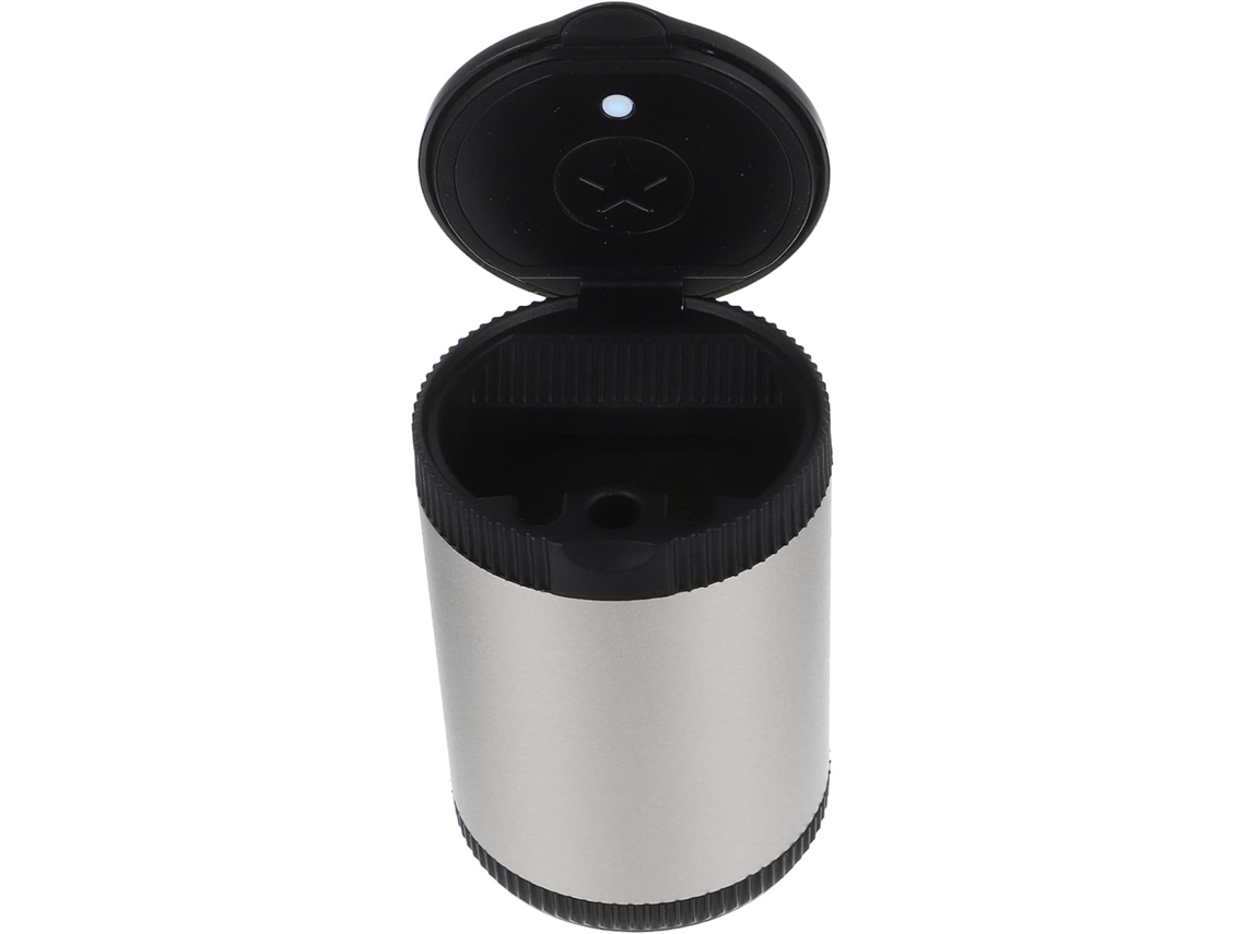 Cinzeiro compacto multifuncional para carro com LED, portátil, abertura manual.