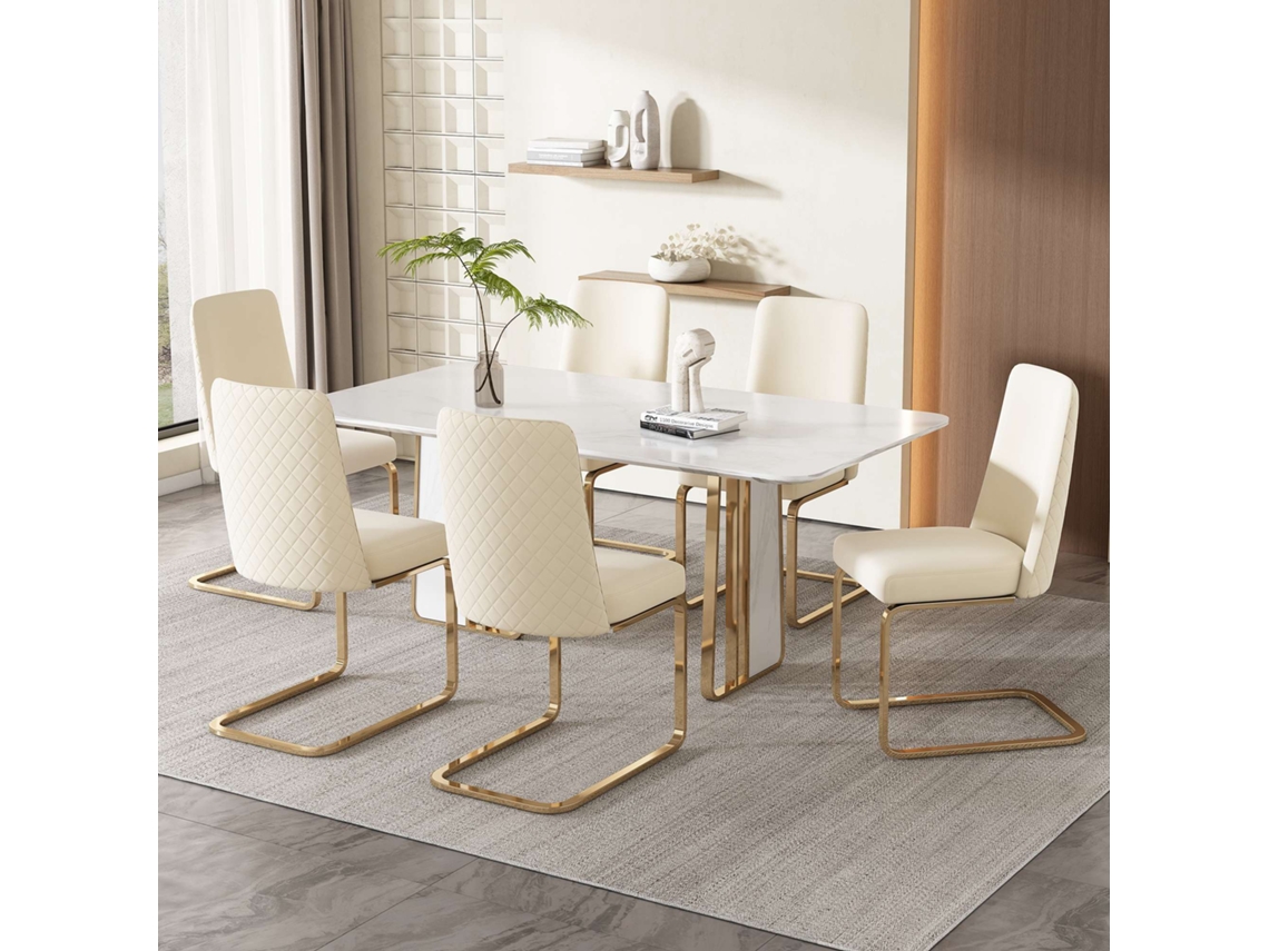 Conjunto De 6 Cadeiras Cantilever Em Veludo Encosto Com Padrão Em Losango Base Em Metal Dourado Bege Estilo