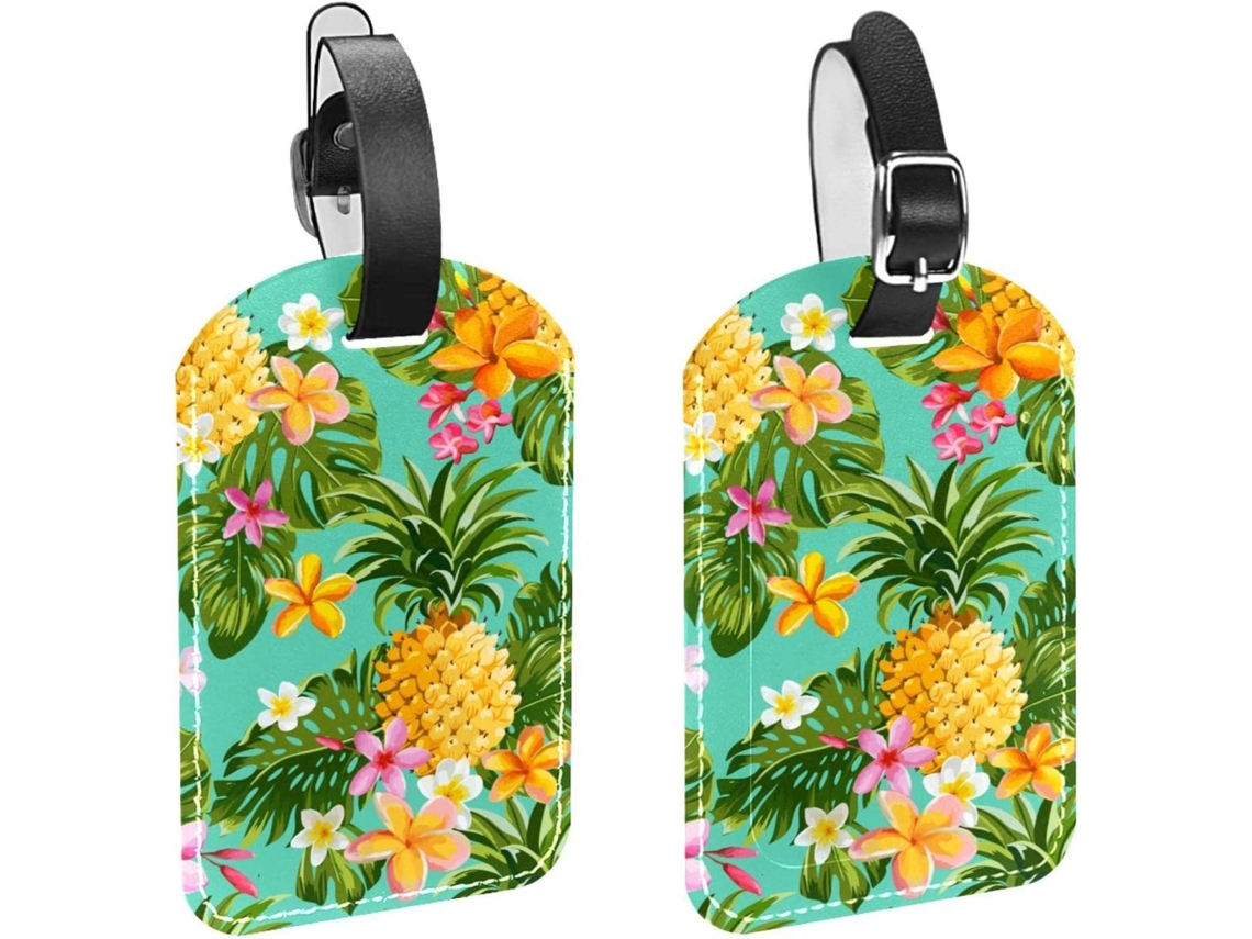 Conjunto De 2 Etiquetas Bagagem Em Imitação Couro Com Estampa Palmeira Tropical Amarelo E Rosa