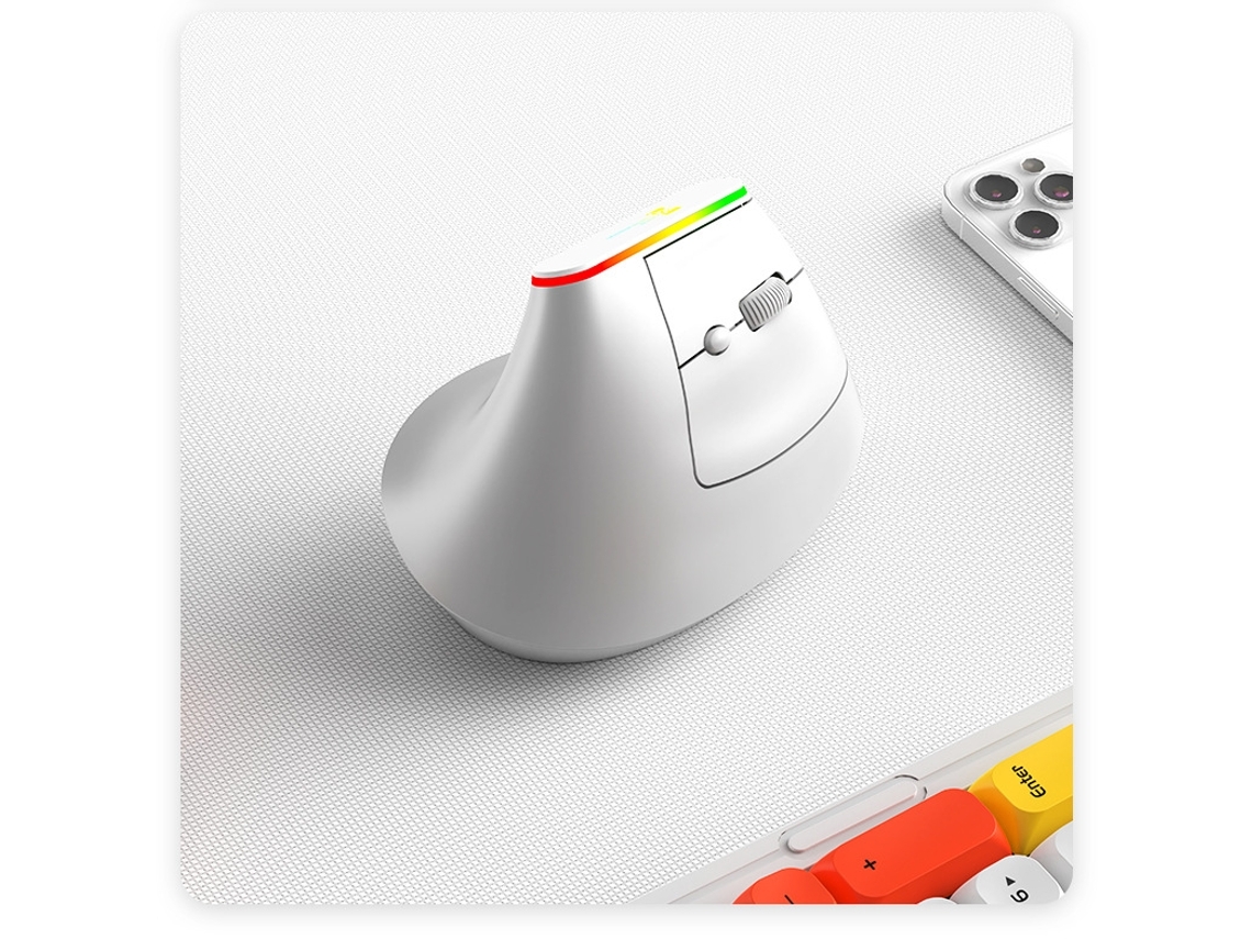 Mouse Vertical Ergonômico Rgb De Modo Duplo, 2.4g Sem Fio E Recarregável Para Pc, Notebook E Desktop Branco