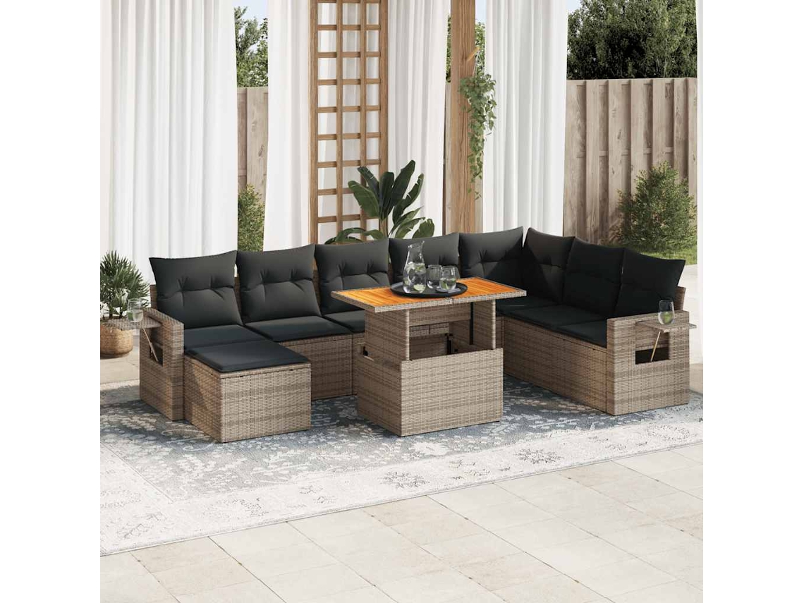Vidaxl 9 Pcs Conjunto Sofás P/ Jardim Com Almofadões Vime Pe Cinzento