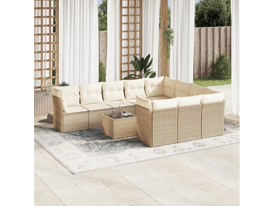 Vidaxl 11 Pcs Conjunto Sofás De Jardim C/ Almofadões Vime Pe Bege