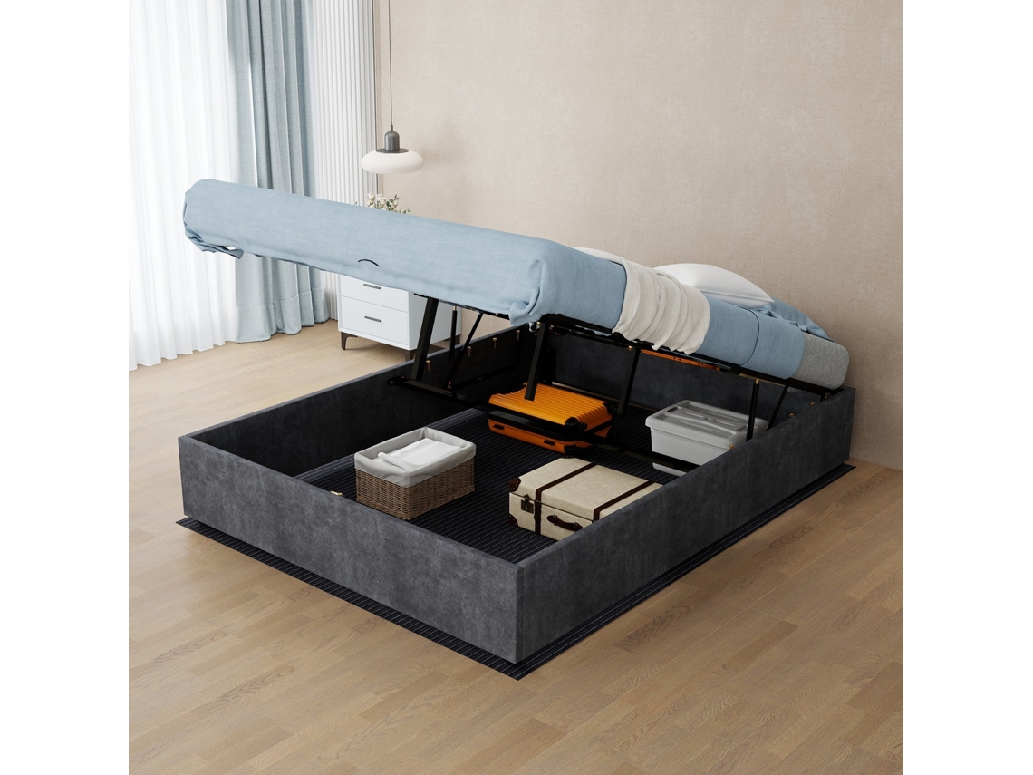 Lit Double 140x200 cm style moderne coffre à gaz velours gris sans tête de lit sans matelas VSOGA