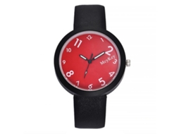 Relógio de pulso em couro sintético vermelho, com mecanismo de quartzo, caixa em aço e mostrador redondo, ideal para estudantes.