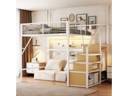 Cama Alta Metal Led App 140x200 Com Escada Armário Branca Jovens