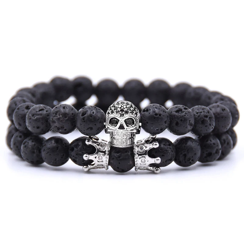 Pulseira de Casal com Coroa de Caveira , Pulseira de Contas para Homens e Mulheres. MDUG (prateada)