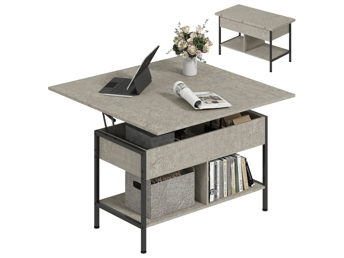 Mesa De Centro Extensível E Com Tampo Elevatório, Mesa De Sala De Estar Com Compartimento Oculto E Prateleiras Abertas, 98x49x55cm, Cinza