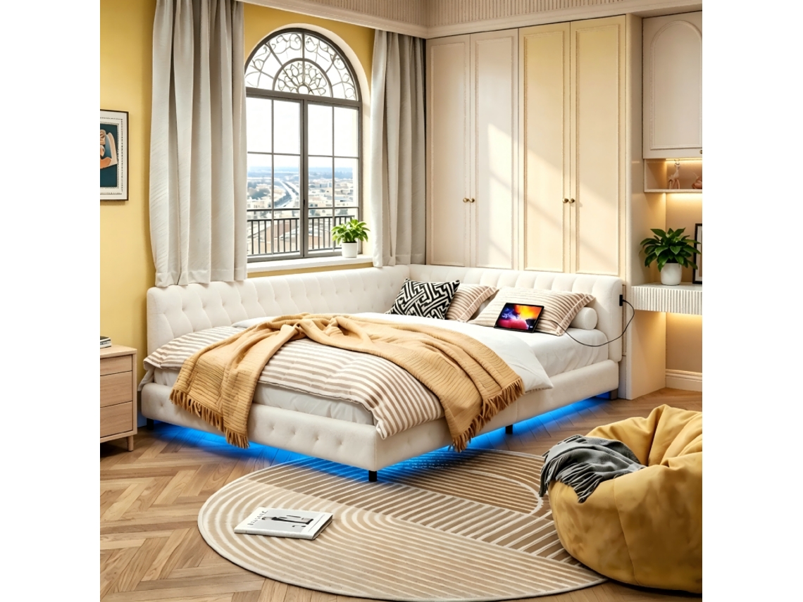 Sofá cama, com encosto, LED, USB, estrutura de casal, cabeceira estofada, SIMURQ
