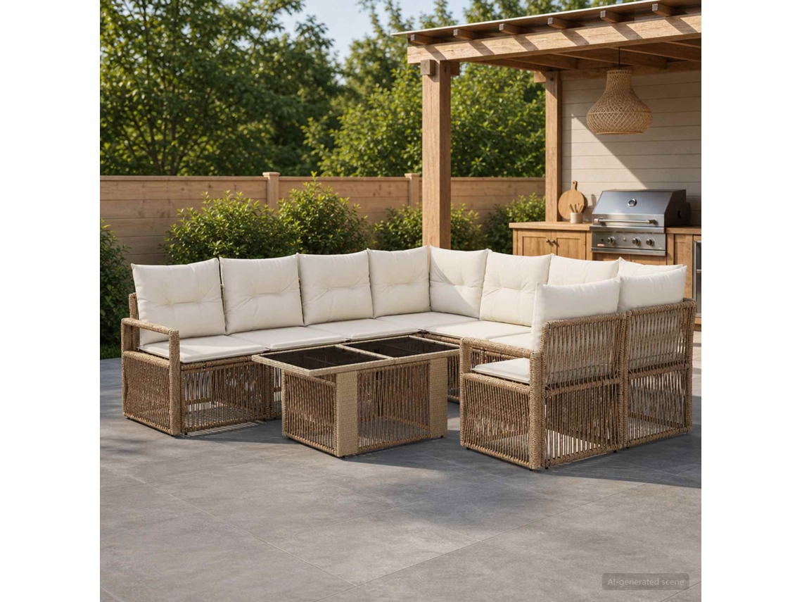 Vidaxl Conjunto De Sofá De Jardim 9 Unid. Bege E Branco Creme Vime Pe