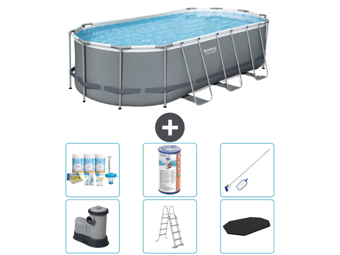 Piscina BESTWAY Oval Power Steel 549 X 274 X 122 Cinza Incluindo Bomba Escada Cobertura Pacote de Manutenção Filtro Kit de Limpeza