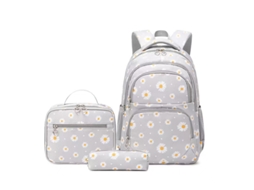 Conjunto De Mochilas De 3 Peças Estampado: Mochila De Nylon Impermeável + Lancheira Térmica + Estojo – Cinza