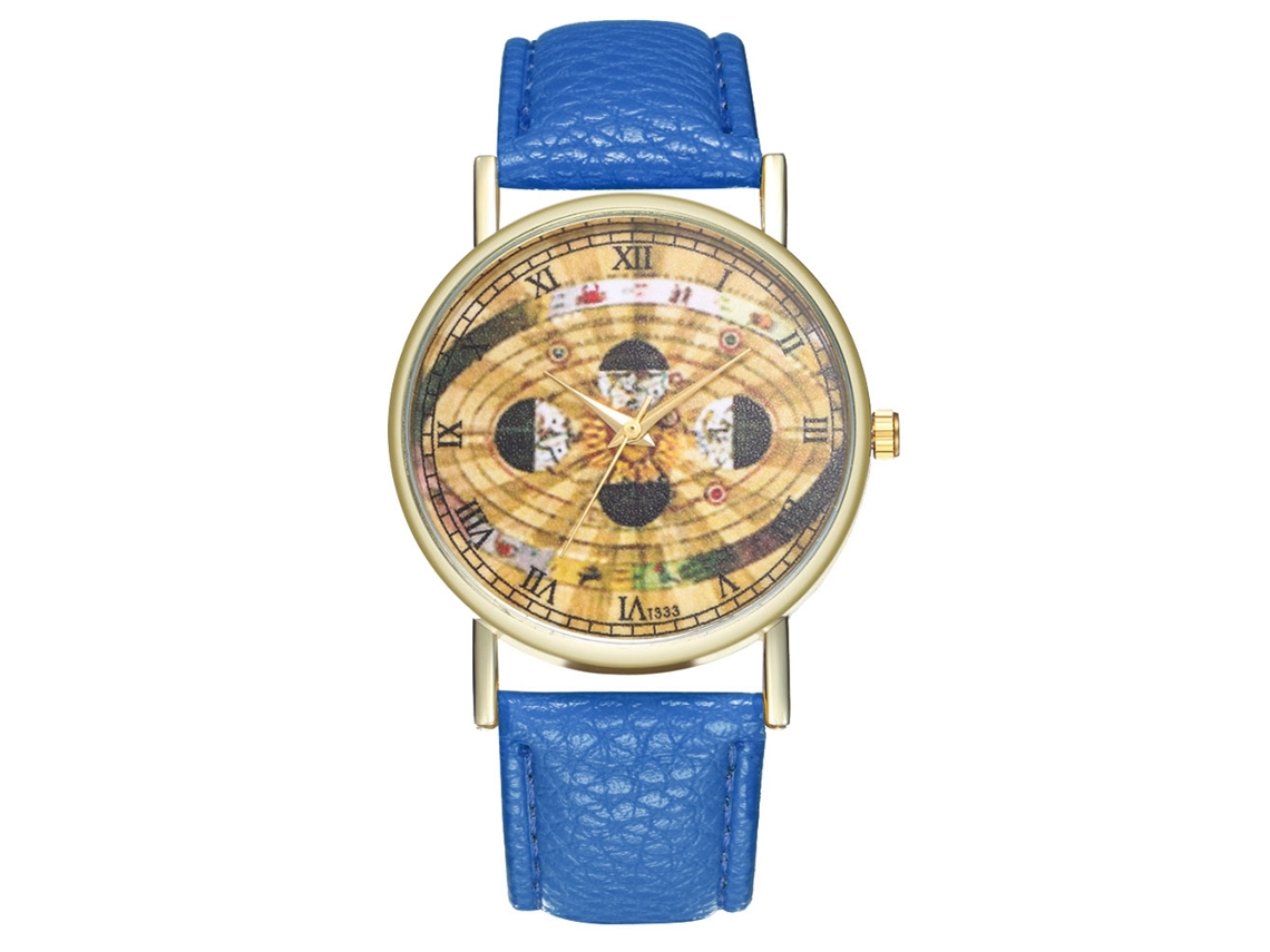 Relógio de pulso de quartzo com pulseira de PU e mostrador redondo com padrão espacial (azul royal)
