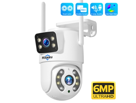 Câmara Wifi Externa HISEEU 4K 6Mp Lente Dupla Tela Dupla Áudio Bidirecional Visão Noturna Colorida Rastreamento Automático Detecção Humana Por Ia