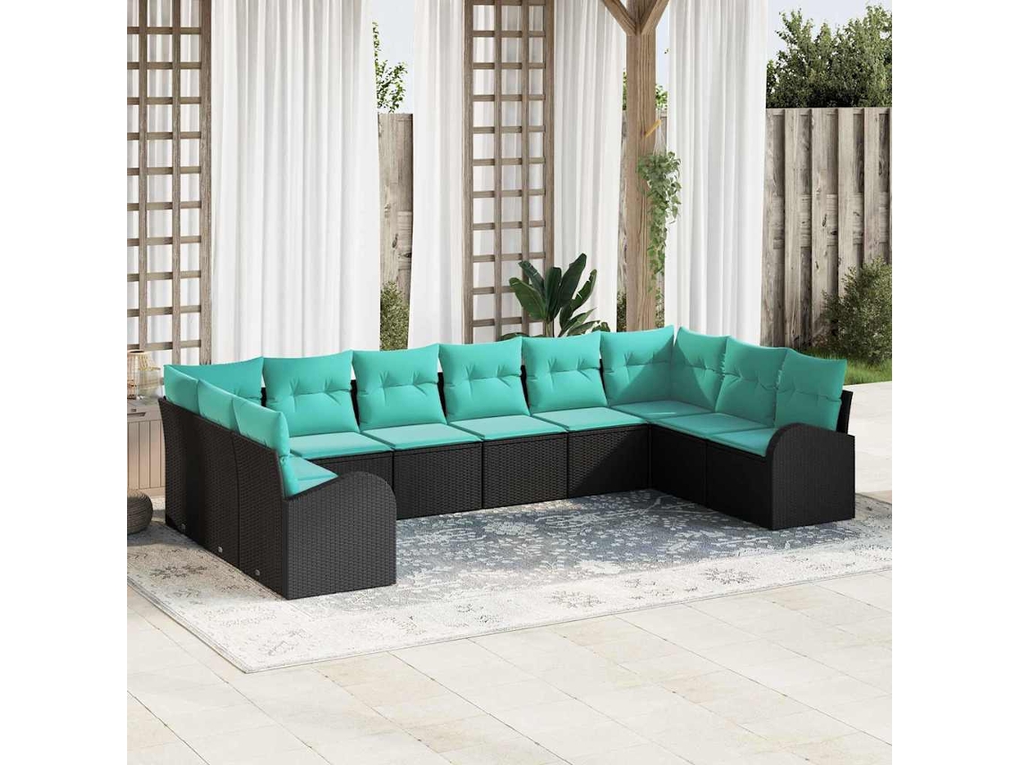 Vidaxl Conjunto De Sofá De Jardim 10 Unid. Preto E Turquesa Vime Pe