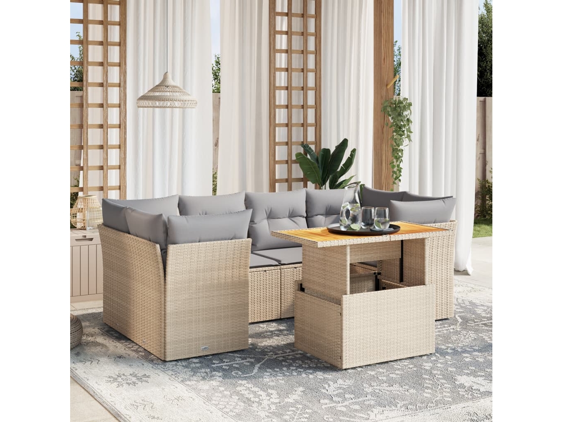 Vidaxl 7 Pcs Conjunto De Sofás P/ Jardim Com Almofadões Vime Pe Bege