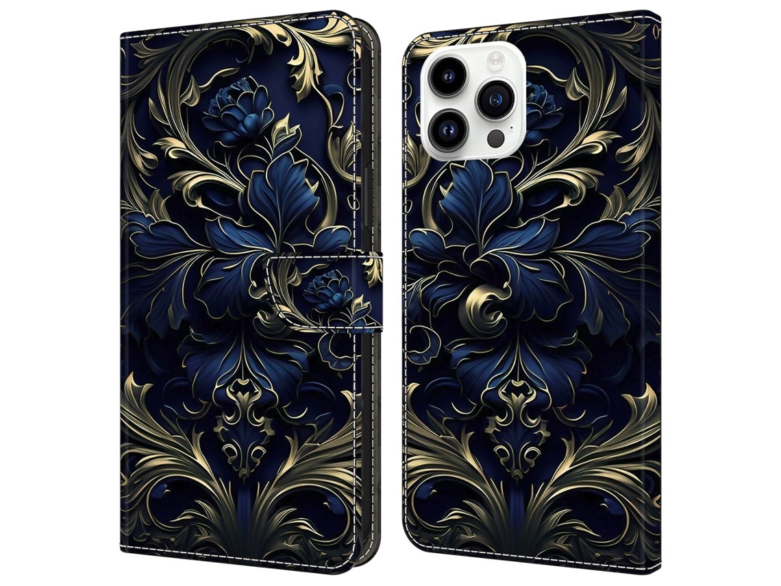Capa Em Couro Pu Com Suporte Para Apple Iphone 16 Pro - Flor Azul