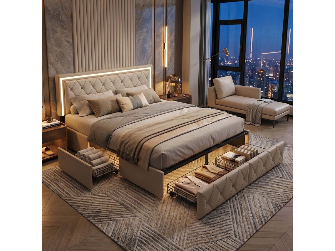 Cama de Casal em Pele Sintética com Led Rgb Inteligente e 4 Gavetas de Arrumação, Branco Creme, 140x200 Cm LAZYSPACE