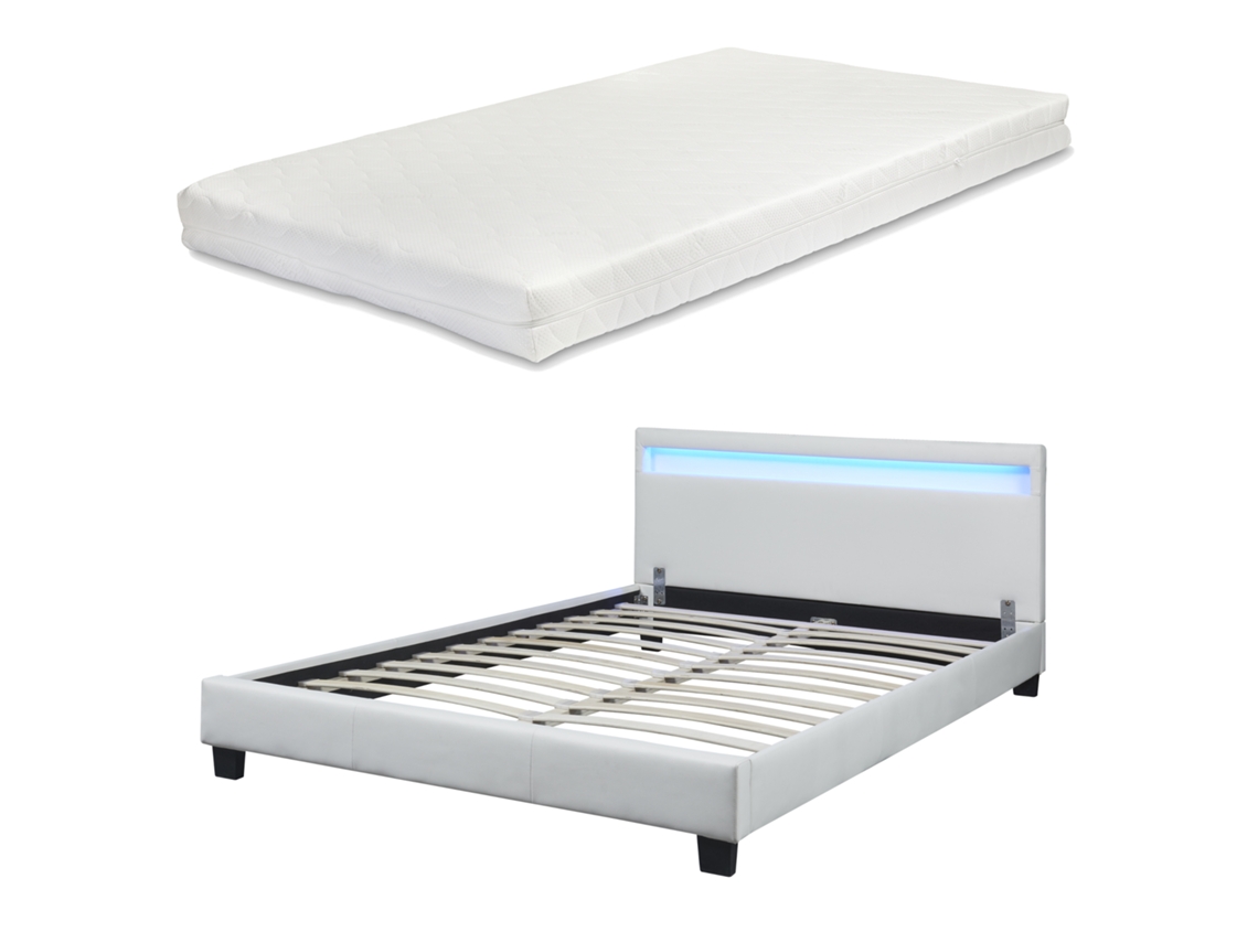 Cama com Colchão de Casal Corium Paris Led [EN.CASA] Pele Sintética Branco (140x200cm)